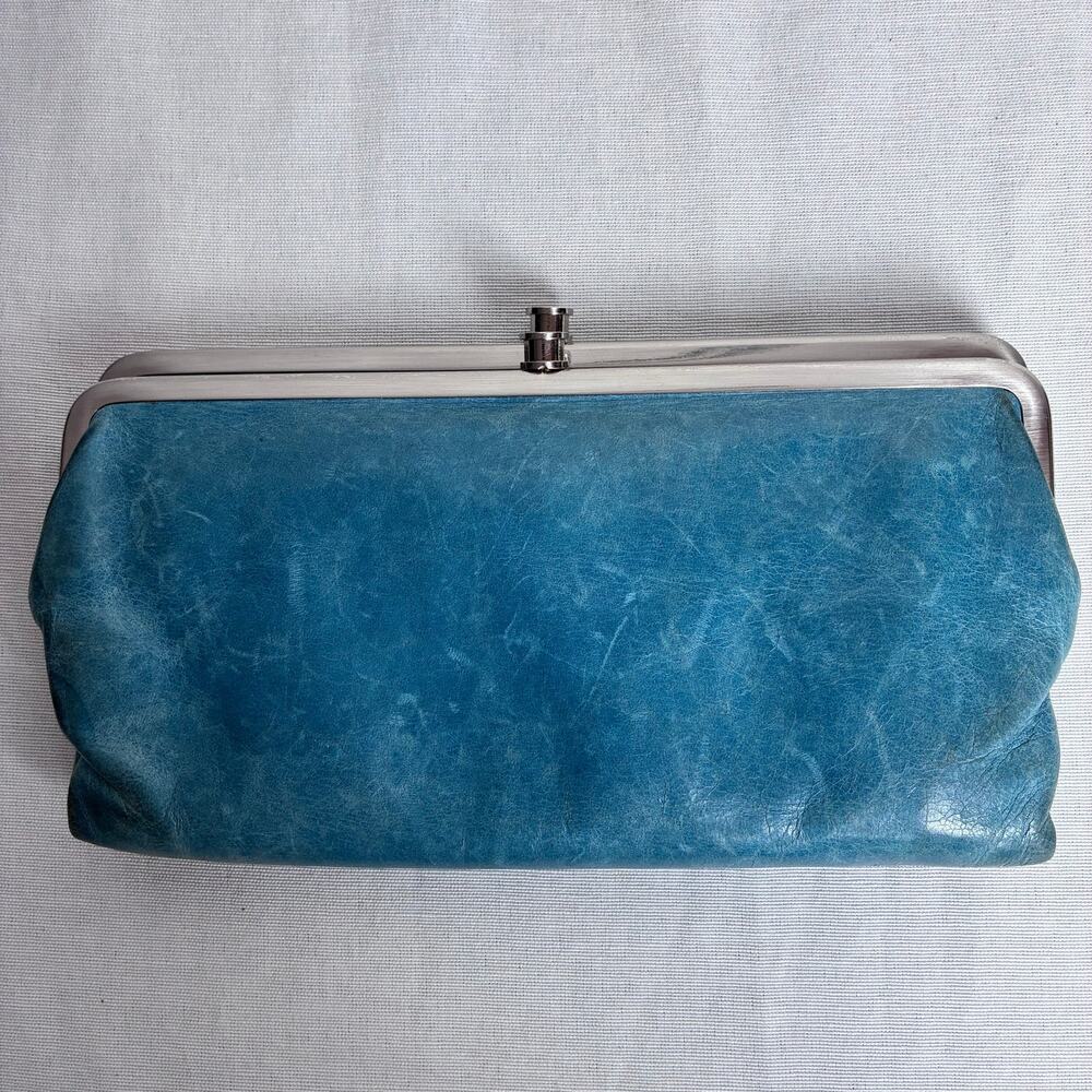 HOBO Lauren Leather Clutch Wallet Double Kiss Lock Frame Blue Boho Distressed